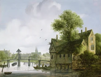A Town on a River with a Bridge